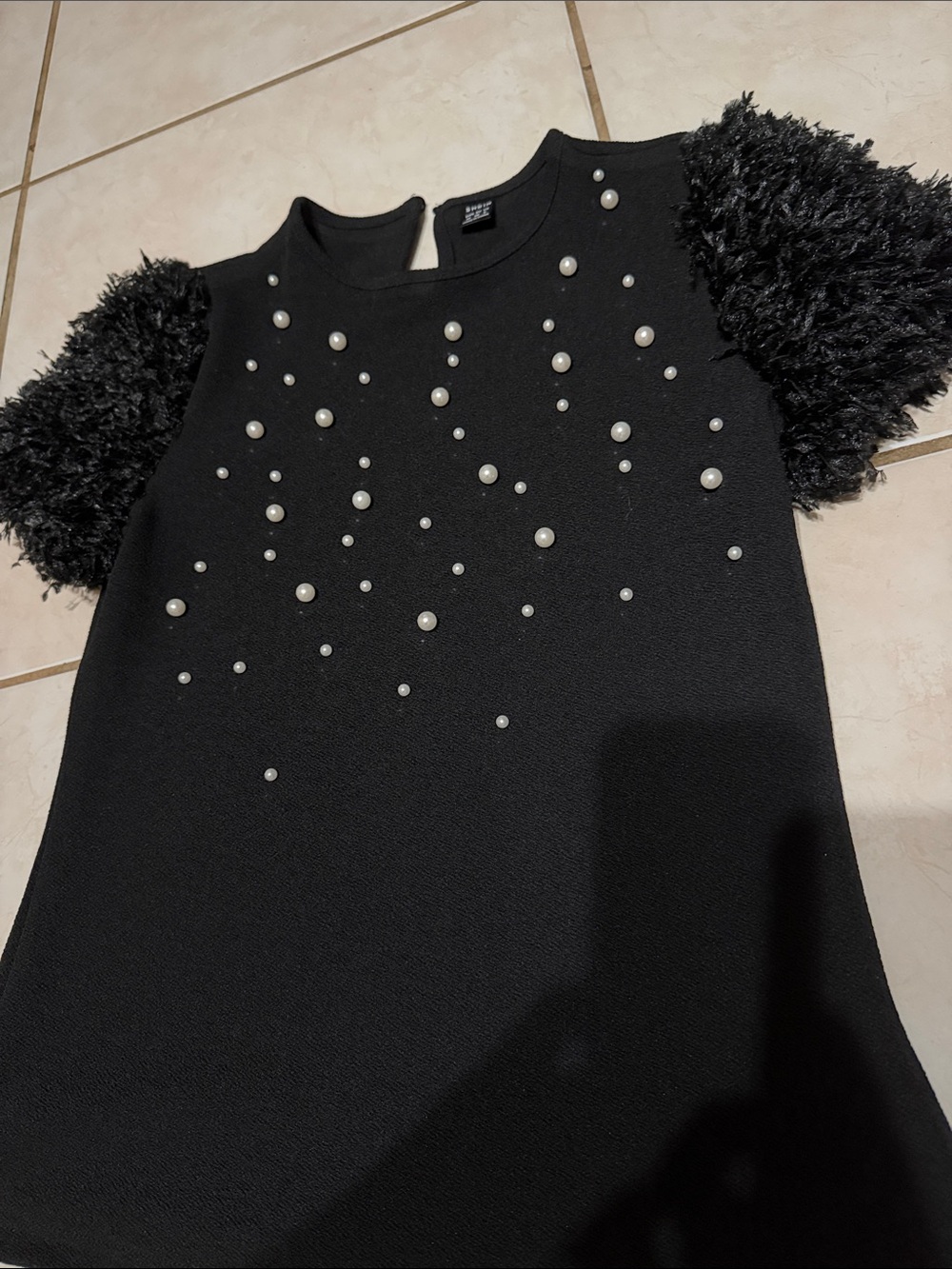 SHEIN Black Pearl-Accent shirt with Faux-Fur Sleeves